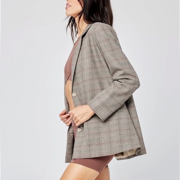 L *Space + Tessa Brooks Academia Preppy Corpcore Plaid Print Nadia Blazer Brown - Picture 2 of 6